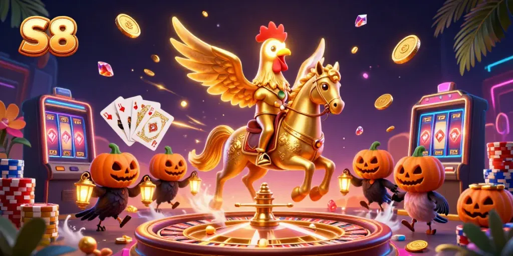 Experience thrilling wins at S8 casino with a vibrant illustration of a golden rooster rider amidst a gaming extravaganza.