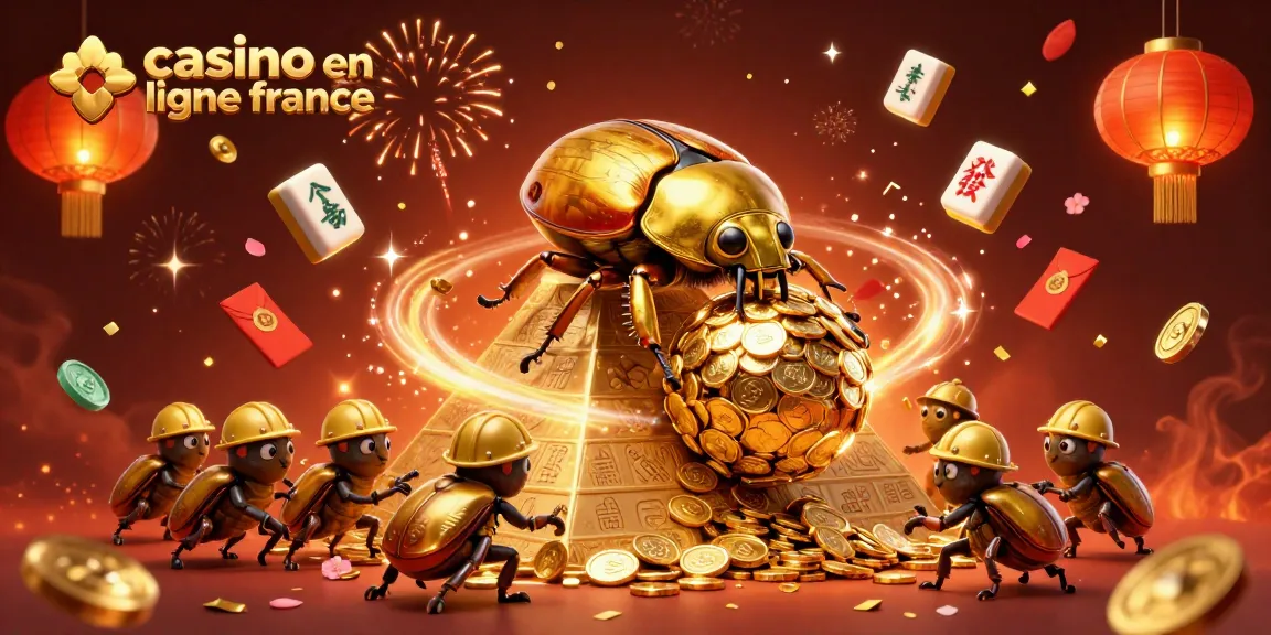 Illustration dynamique représentant un scarabée doré poussant des pièces en or au casino en ligne France
