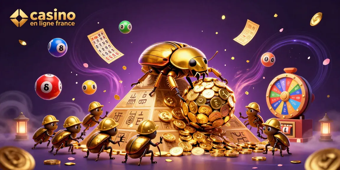 Illustrez le slogan de casino en ligne france avec des coccinelles dorées sur une pyramide remplie de pièces.