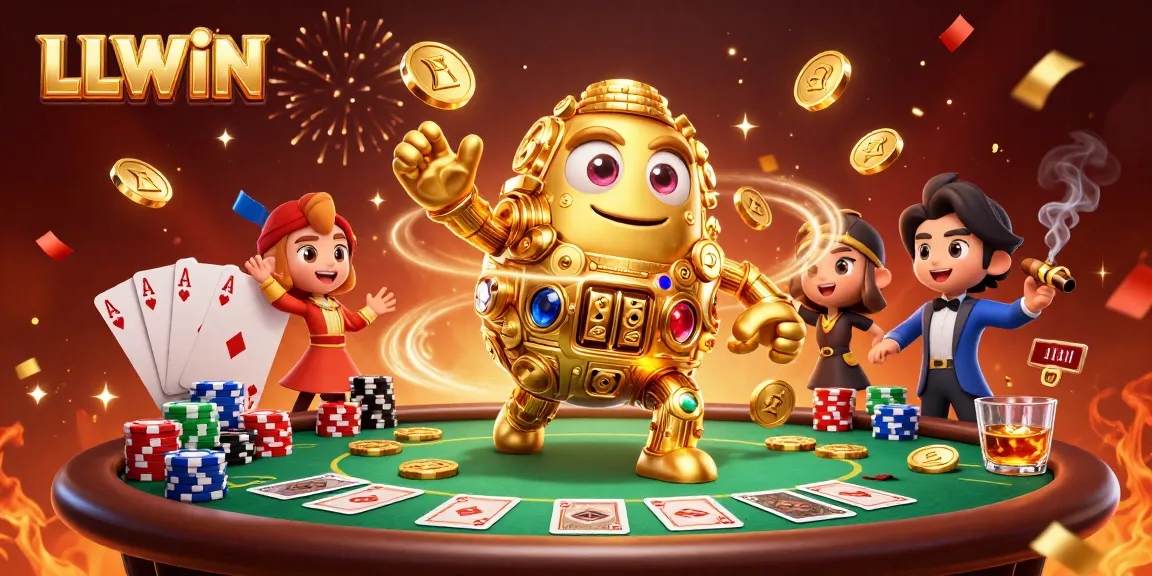 Experience thrilling action at LLWIN, featuring a golden golem surrounded by vibrant poker game elements.