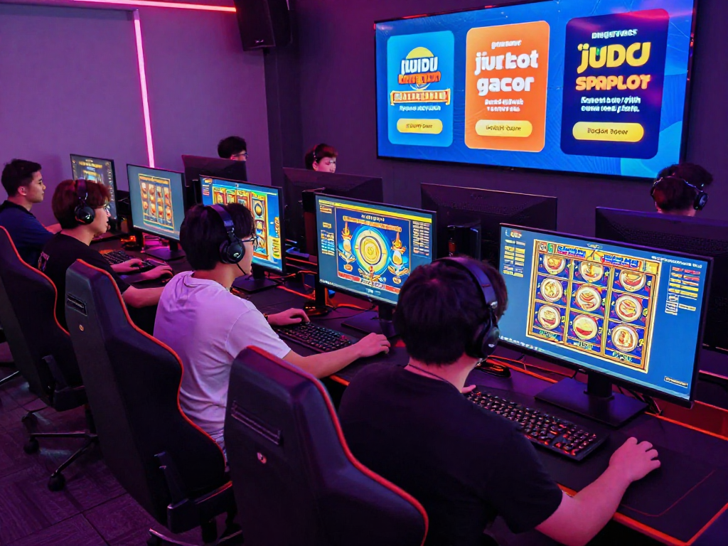 Exciting gaming scene with players engaged in judi slot gacor, showcasing vibrant slot game displays and neon ambiance.