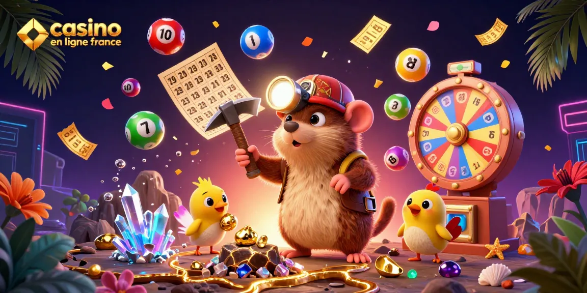 Plongez dans le monde du casino en ligne France avec notre illustration colorée et dynamique pleine d'éléments de jeu captivants.