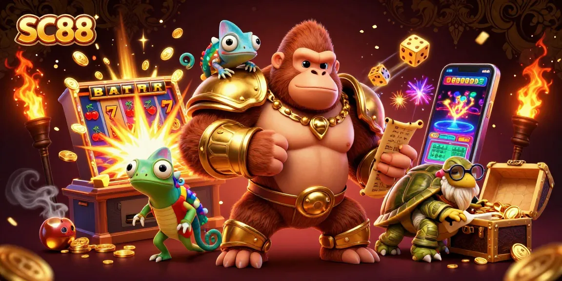 Experience the excitement of SC88 with a vibrant casino scene featuring jackpot-winning characters and elements.