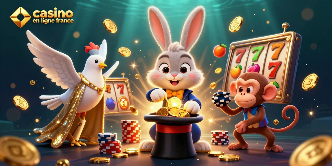 Illustration dynamique de casino en ligne France, magicien, colombe et singe animés avec des éléments de jackpot.
