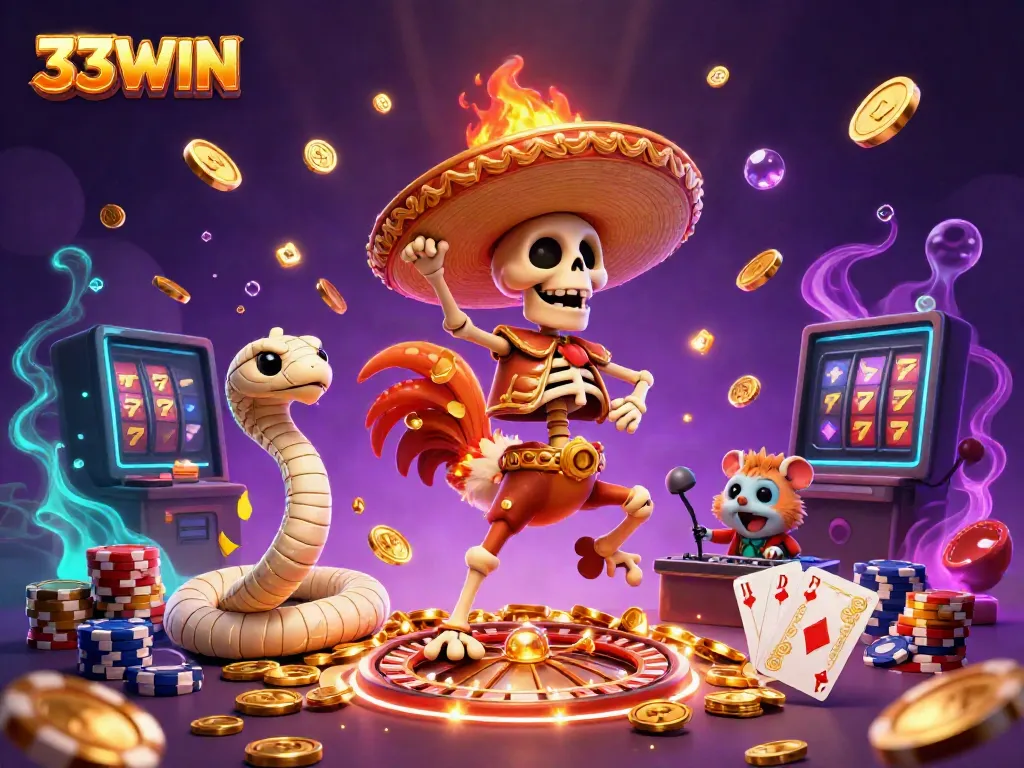 Experience exciting gaming at 33WIN with vibrant characters and casino features like golden coins and spinning roulette.