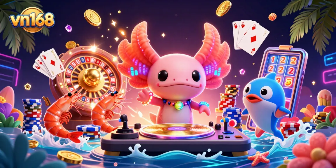 Win big with vn168 in a vibrant, dynamic casino scene featuring neon characters and sparkling game elements.