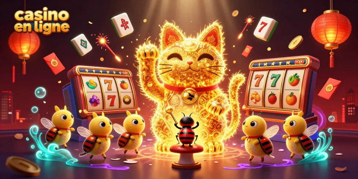 Jouez au casino en ligne avec des personnages 3D captivants, dont un chat porte-bonheur et des symboles de casino brillants.