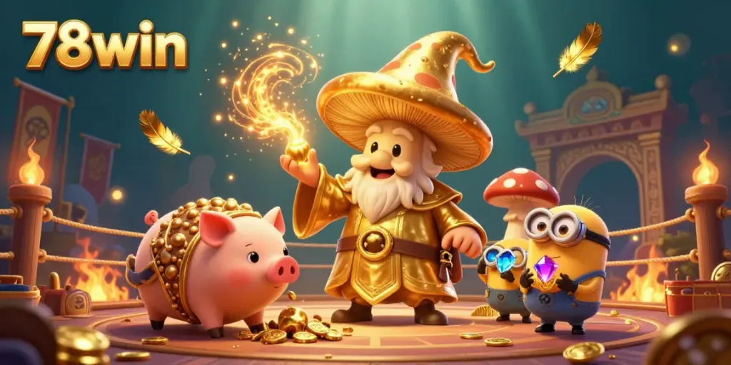 Experience magical adventures with the 78win casino wizard conjuring golden treasures amidst vibrant gaming riches.