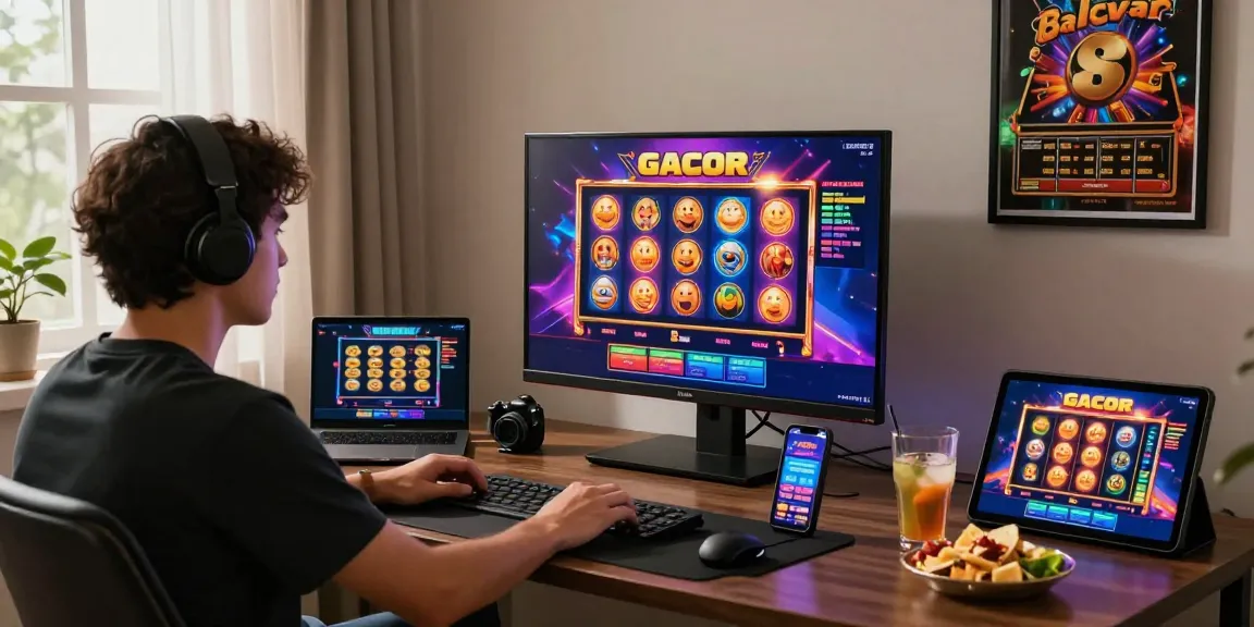 Player enjoying a slot gacor game experience at home, surrounded by technology and an inviting atmosphere.