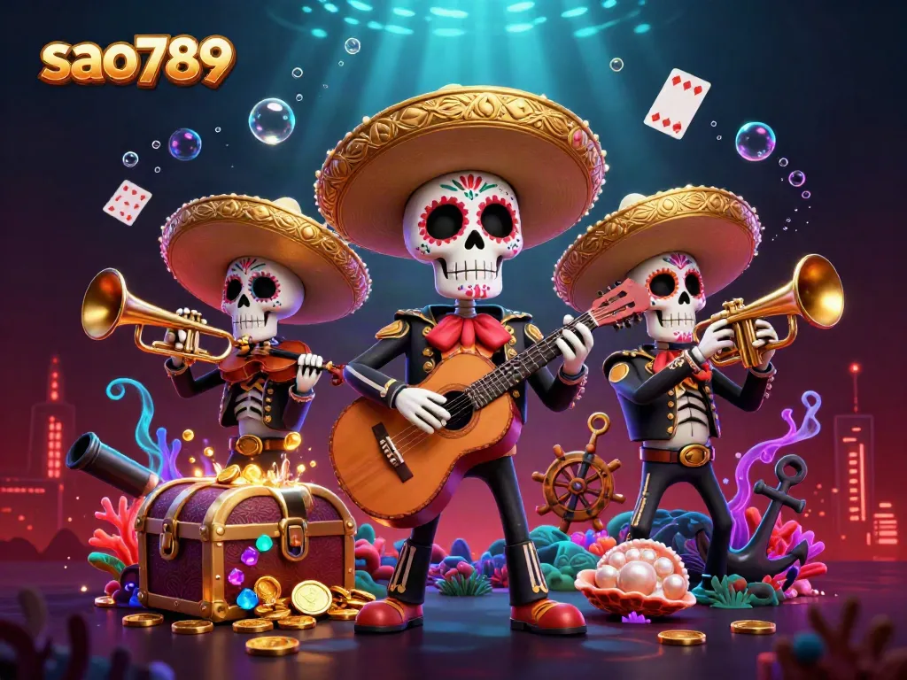 Experience the vibrant sao789 world with a skeleton mariachi band surrounded by casino and gaming elements.