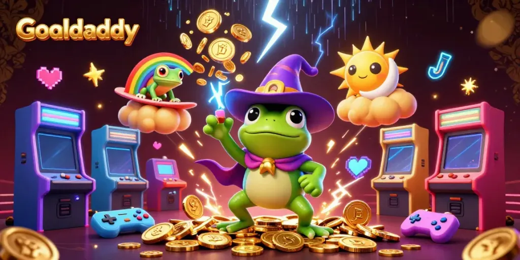 Experience the thrilling world of Goaldaddy with a wizard frog and chameleon in a vibrant casino scene.
