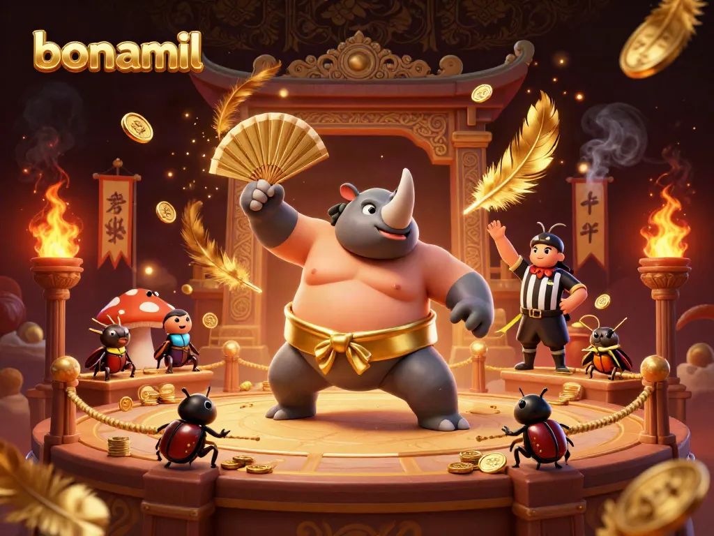 Bonamil menghadirkan aksi seru di arena kasino dengan karakter unik kumbang juara sumo.