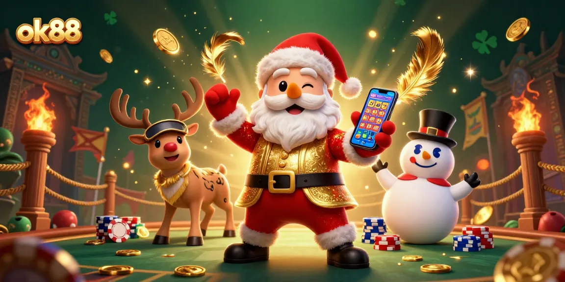 Experience excitement with ok88 in a dynamic 3D casino scene featuring Santa and friends.