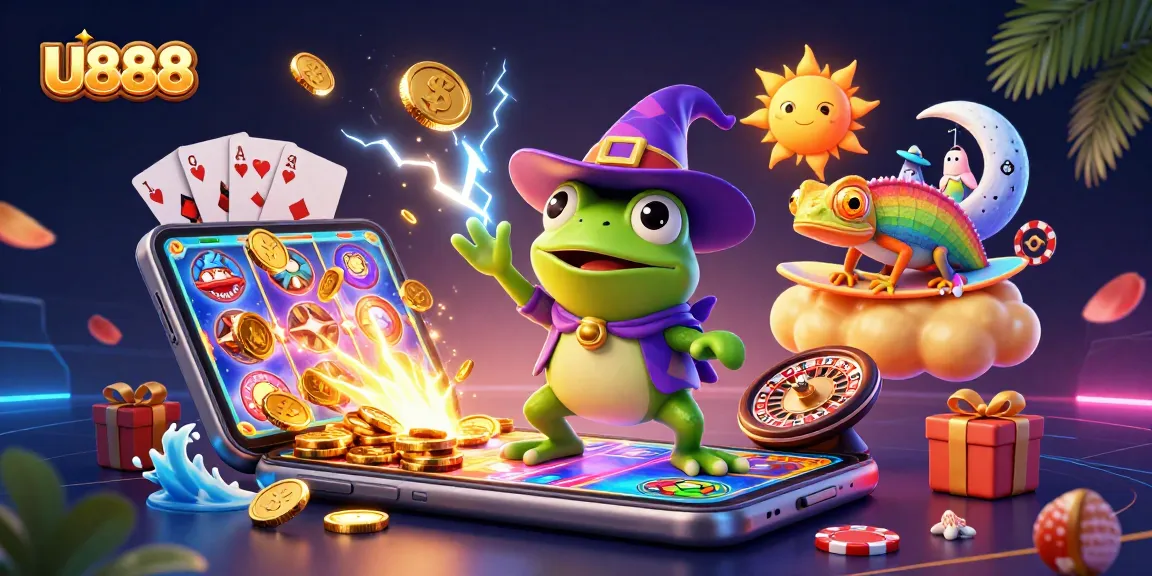 Engage with U888's thrilling games as the wizard frog conjures gold coins and a chameleon rides a golden cloud.