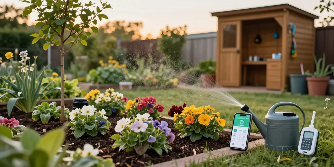 Homeowner using rainpoint sprinkler timer app while inspecting garden with vibrant plants.