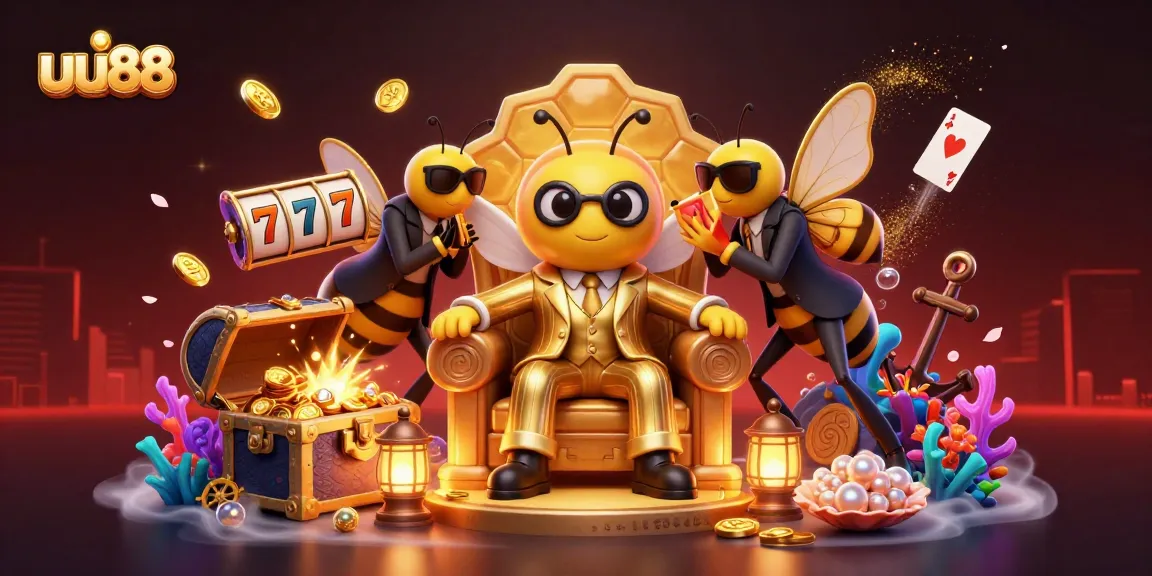 uu88 presents a vibrant 3D casino scene with a mob boss bee and dynamic gambling elements.