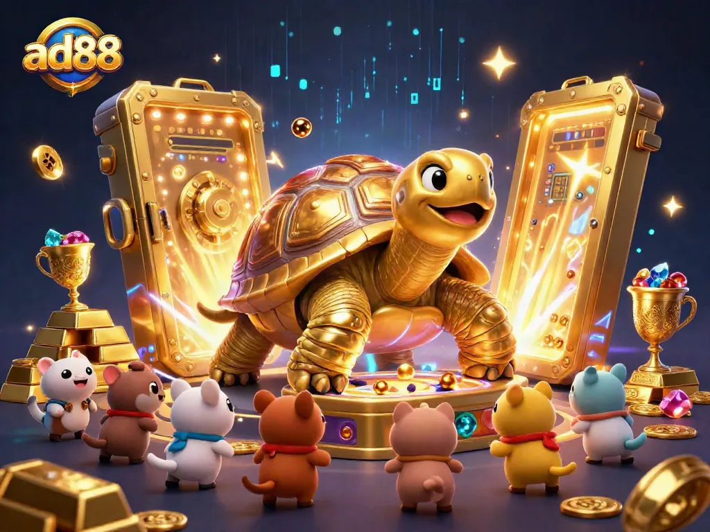 Experience ad88's thrilling gaming with a golden tortoise pinball machine amidst treasures.
