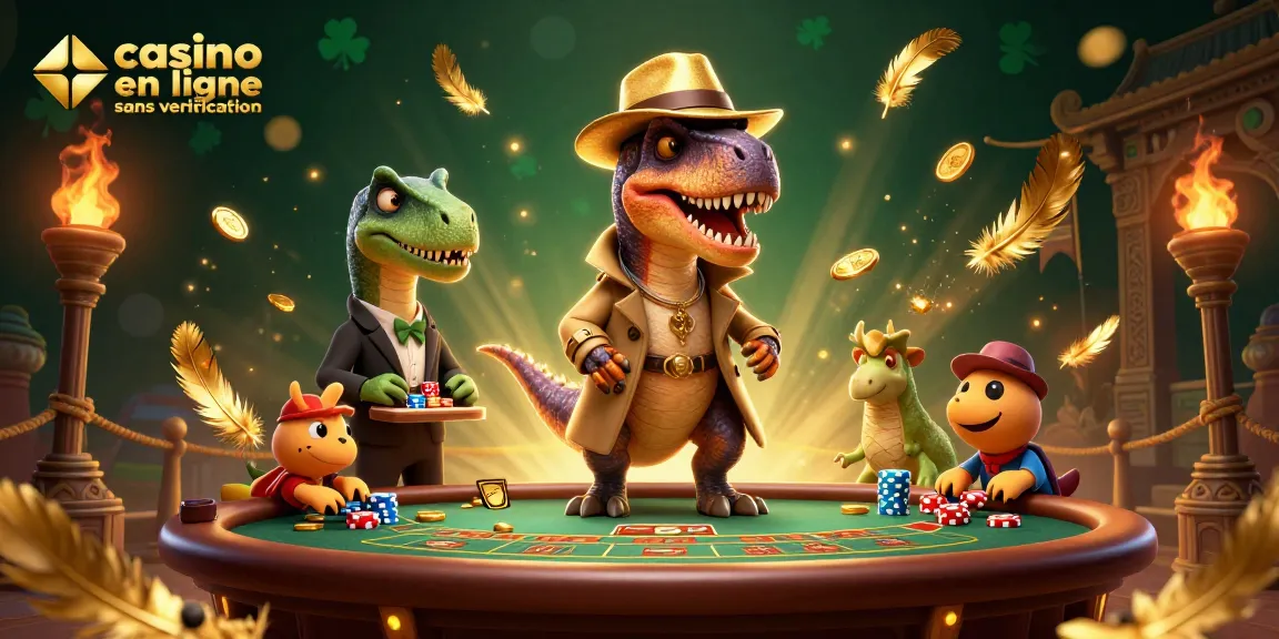 Illustration 3D d'un casino en ligne sans vérification avec un vélociraptor et un boss stégosaure autour d'une table de blackjack.