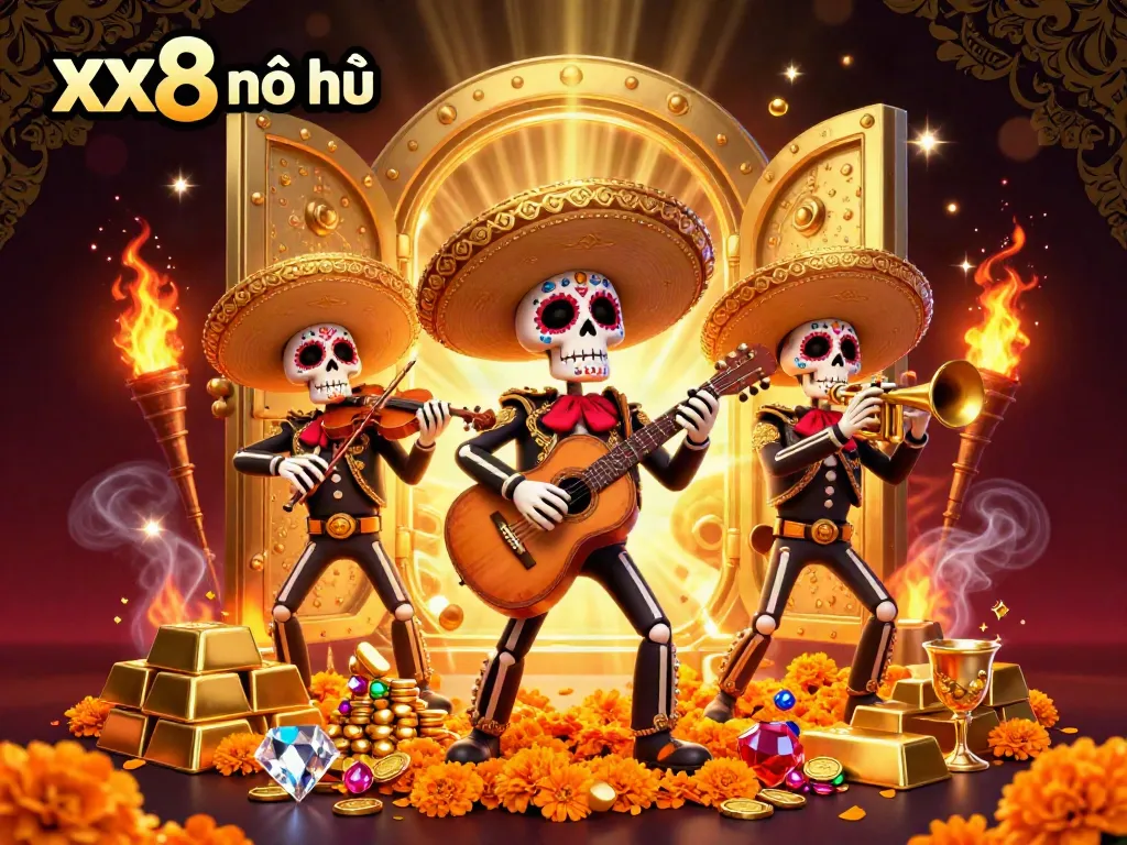 Experience the vibrant energy of xx8 nổ hũ with a colorful scene of a Dia de los Muertos skeleton mariachi band surrounded by treasure and jewels.