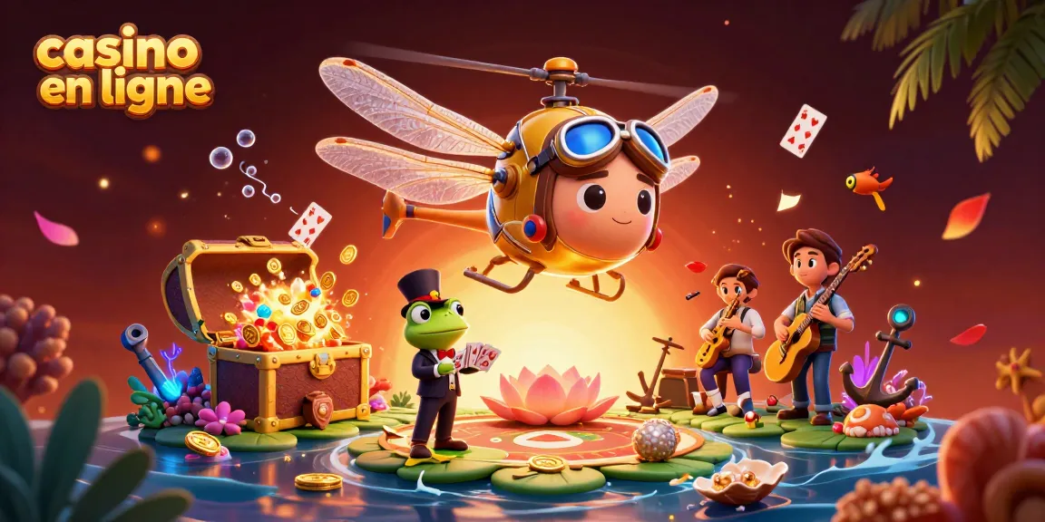 Jouer au casino en ligne avec une animation colorée de croupier et libellule pilote.
