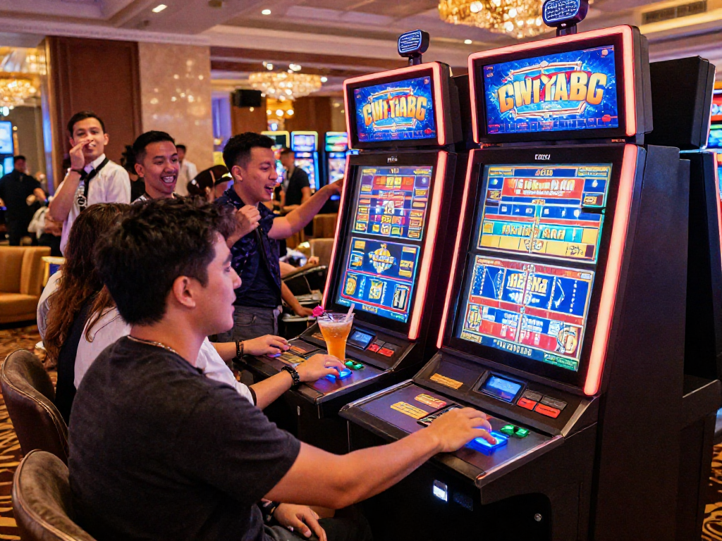 Dewa slot88 gaming scene with excited players at a vibrant slot machine in a modern casino.