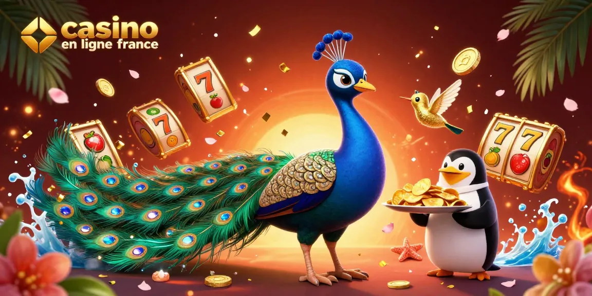 Illustration de casino en ligne France avec un paon, un pingouin porteur de jetons d'or et un colibri en or
