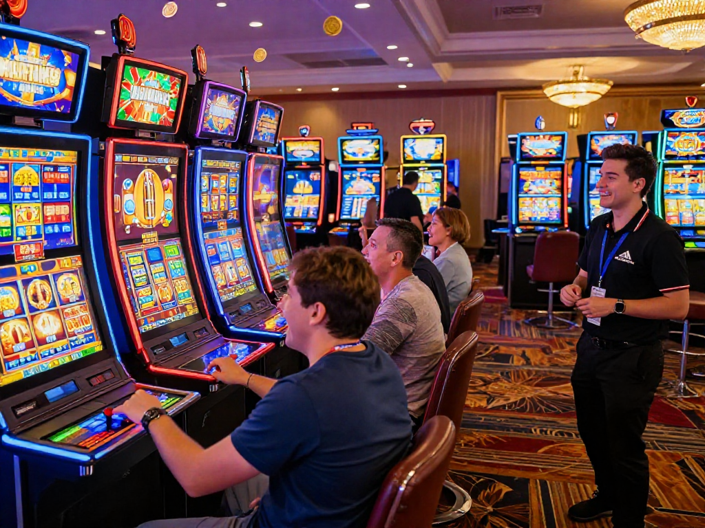 Players celebrating a slot jackpot win in a lively casino, showcasing excitement and vibrant atmosphere.