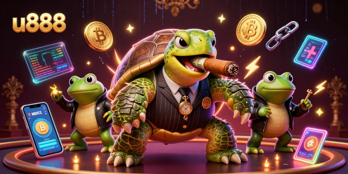 Experience the thrill of u888 with a dynamic gambling scene featuring a cartoon snapping turtle and playful bullfrog enforcers.