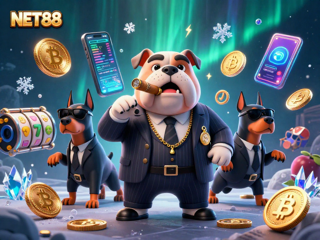 NET88 casino scene featuring a mafia bulldog and bodyguard Dobermans amidst crypto coins and slot reels.