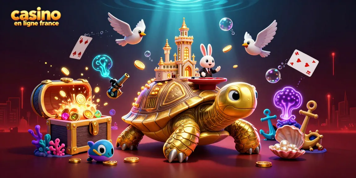 Image d'une tortue dorée géante présentant un casino en ligne France éclairé.