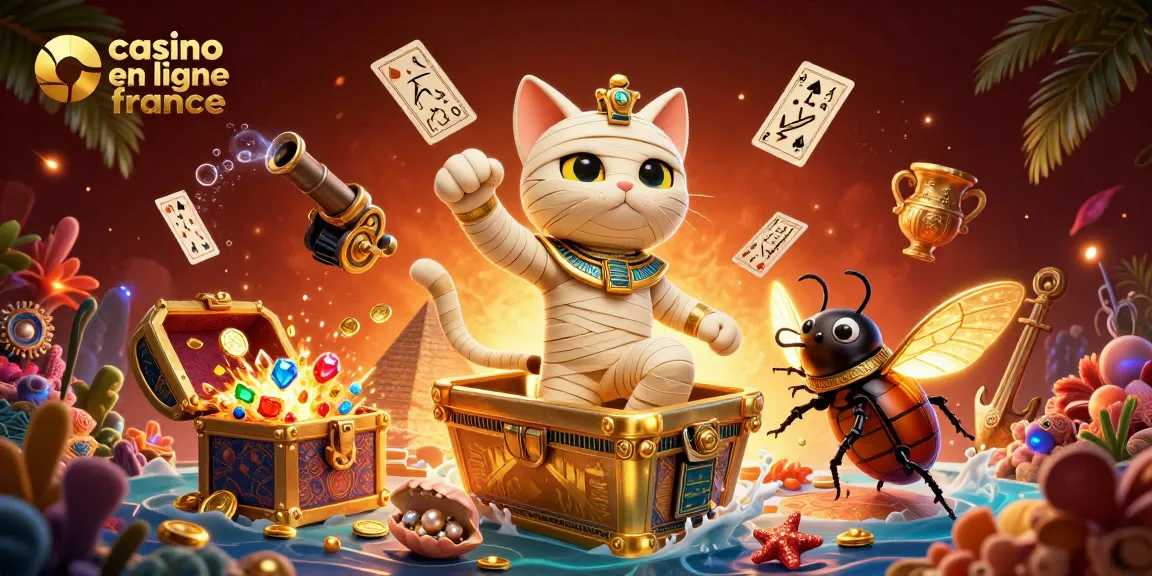 Ville de casino en ligne France avec un chat momie égyptien au milieu de pièces d'or et de cartes à jouer.