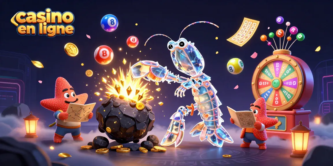 Jouez sur un casino en ligne avec une ambiance dynamique, incluant des boules de loterie colorées et un décor lumineux.