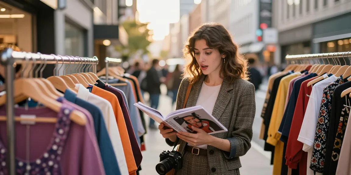Consulente di personal shopping che esplora outfit unici in un ambiente urbano.
