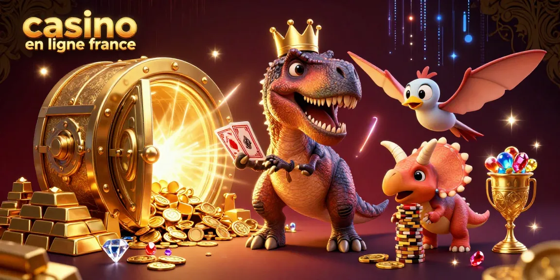Illustration animée de casino en ligne France avec un T-Rex jouant aux cartes et un ptérodactyle, jetons et trésor.