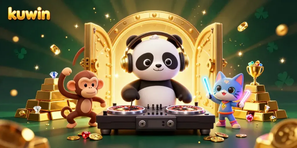Kuwin offers a vibrant scene with a DJ panda, a dancing monkey, and a glowing kitten in a casino atmosphere.