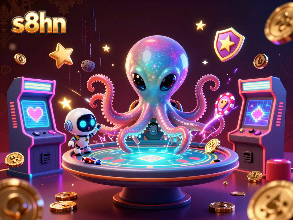 Win big at s8hn with the galactic poker showdown featuring a cartoon octopus and robot.