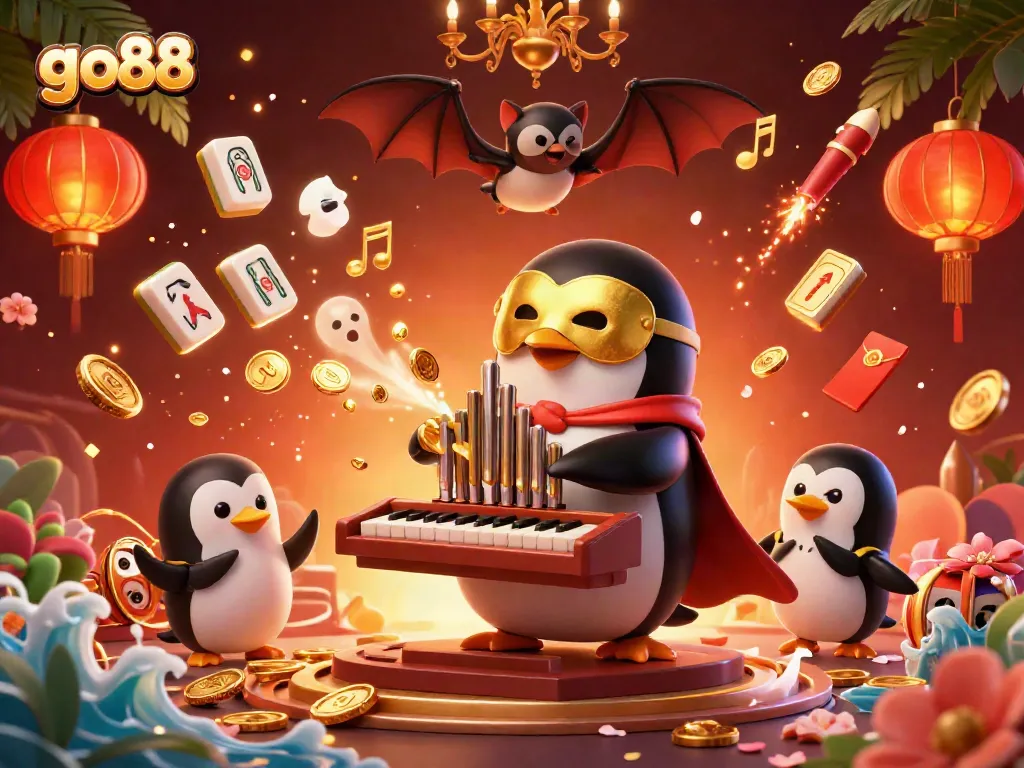 Experience the excitement of go88 with a penguin playing an organ, blaring golden coins while casino-themed elements surround