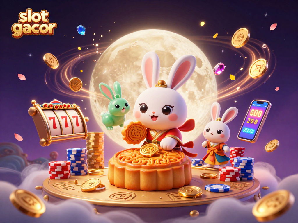 Engage with slot gacor while witnessing a lively lunar scene of a moon rabbit surrounded by slot elements and treasure.