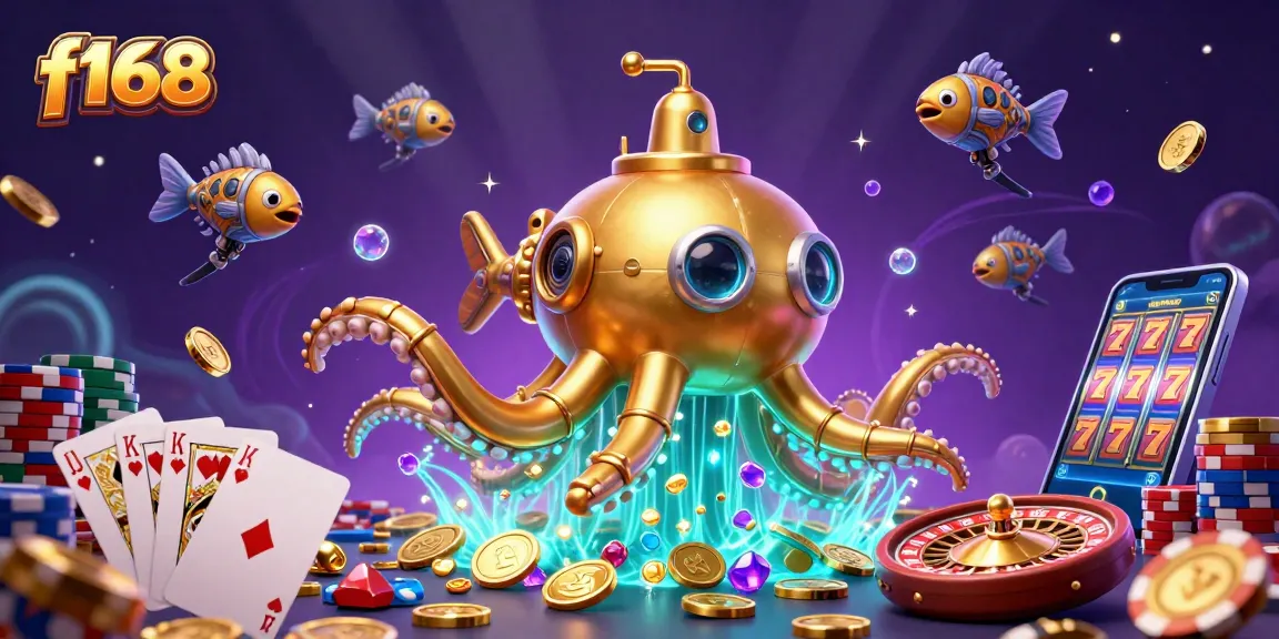Engage with f168 as a stunning 3D kraken submarine surfaces through golden coins, showcasing casino excitement.