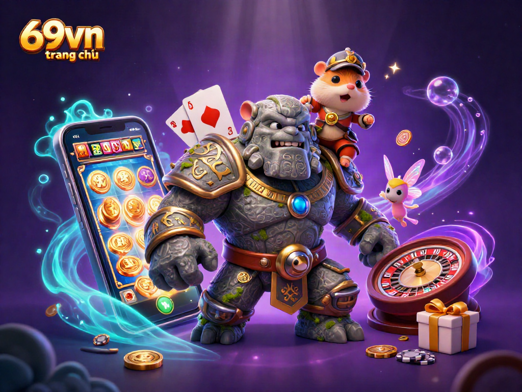 Engage with games on 69vn trang chủ featuring a magical golem guardian, fairy, and hamster knight.