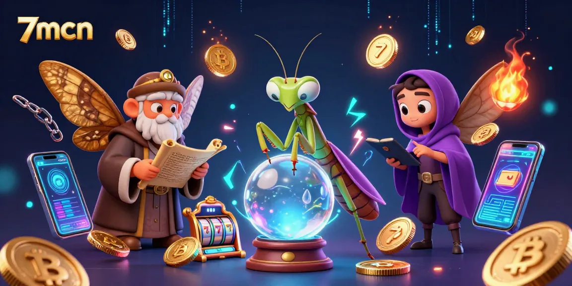 Engage with 7mcn's vibrant casino scene featuring a tarot mantis and a moth library amidst slot reels and crypto coins.