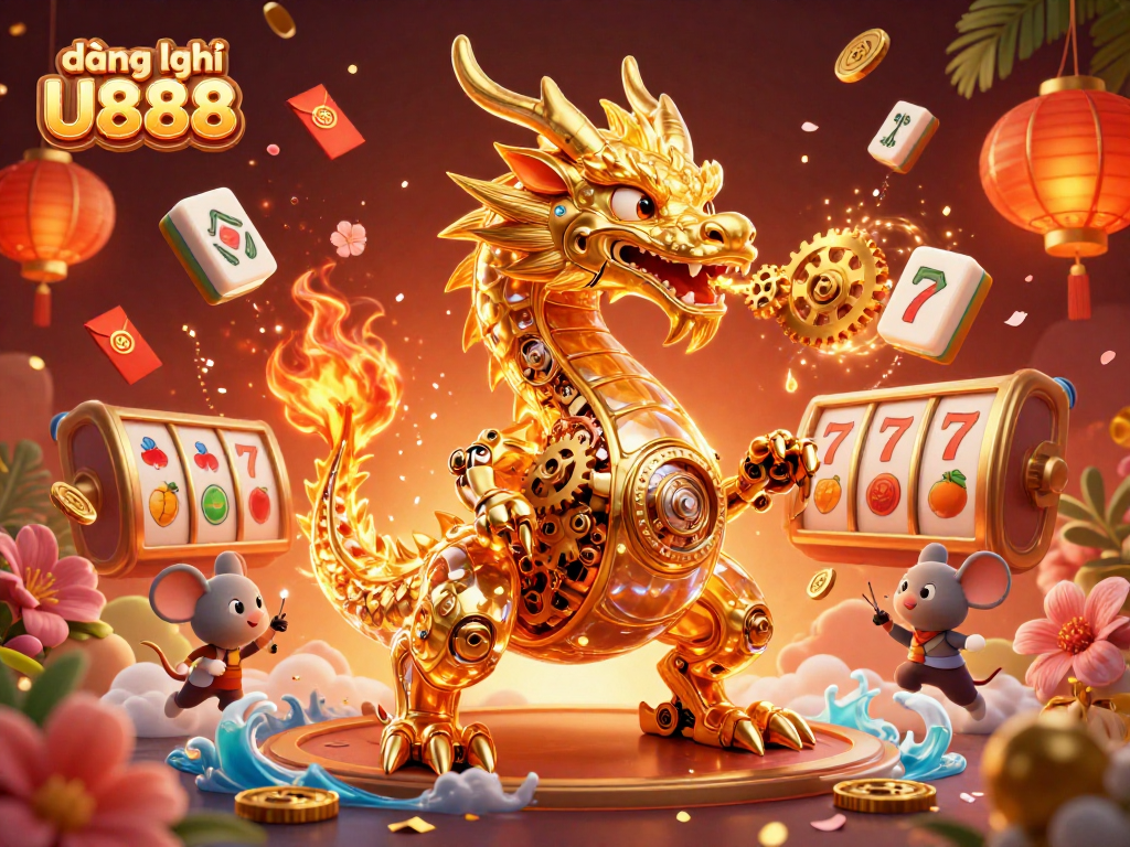 Engage with đăng ký U888 through an exciting scene depicting vibrant casino elements and a golden dragon illustration.