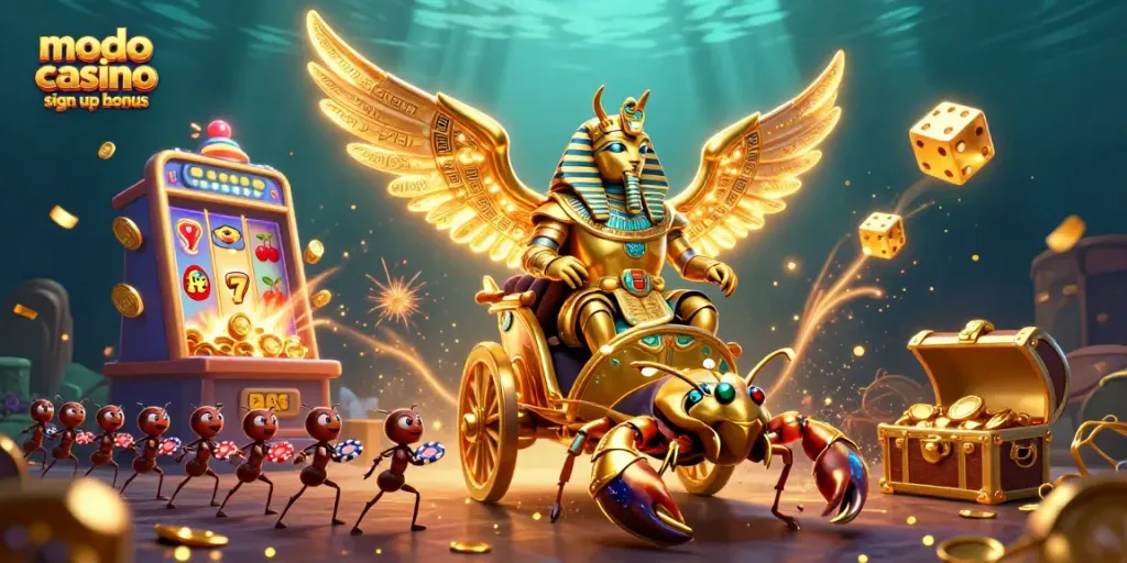 Spin and win with modo casino sign up bonus, featuring vivid scenes of gold coins and vibrant casino elements.