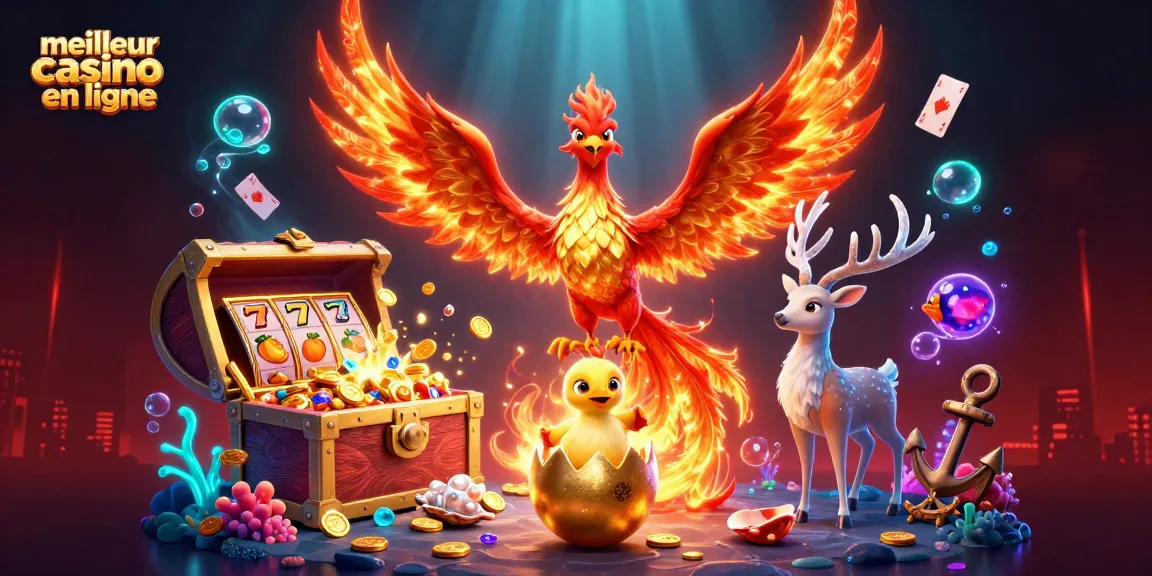 Découvrez le meilleur casino en ligne avec une illustration dynamique de jeux et de magie.