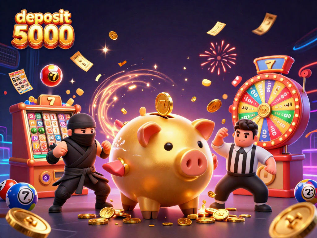 Engage with deposit 5000 and dynamic slot gaming elements in this vibrant 3D illustration.