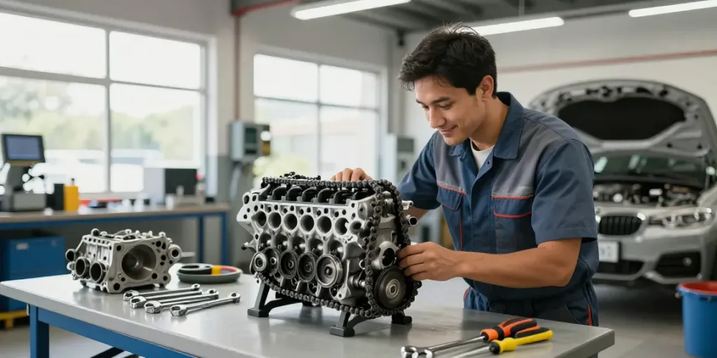 Mechaniker prüft Steuerkette wechseln in Hannover in einer professionellen Werkstatt.