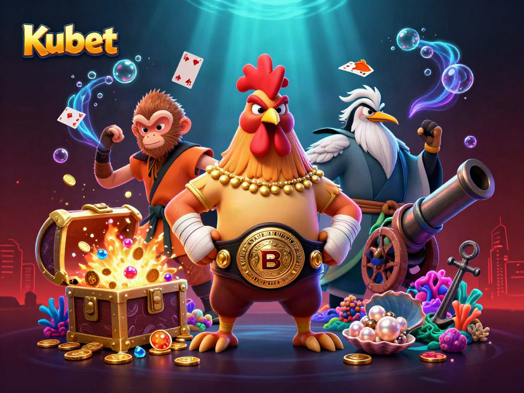 Kubet channeling the excitement of a casino battle through a colorful underwater scene with a Muay Thai rooster, martial arts monkey, and wise crane.