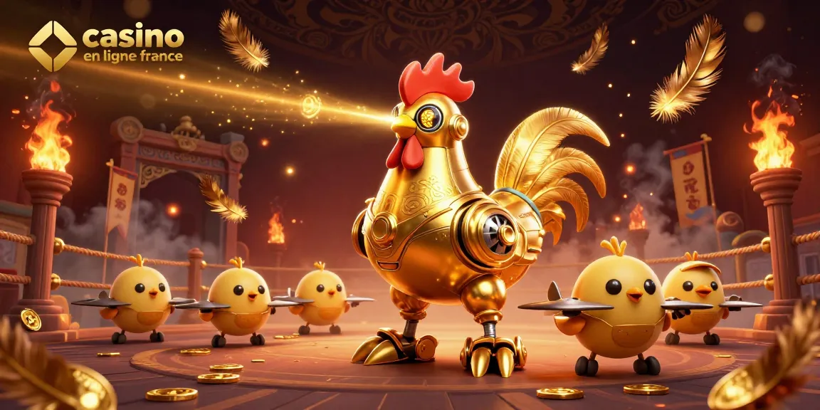 Jouez dans un casino en ligne France avec une illustration captivante d'un robot coq doré.