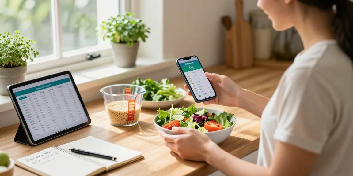 Woman preparing a healthy salad while using the best nutrition app to track her meals.