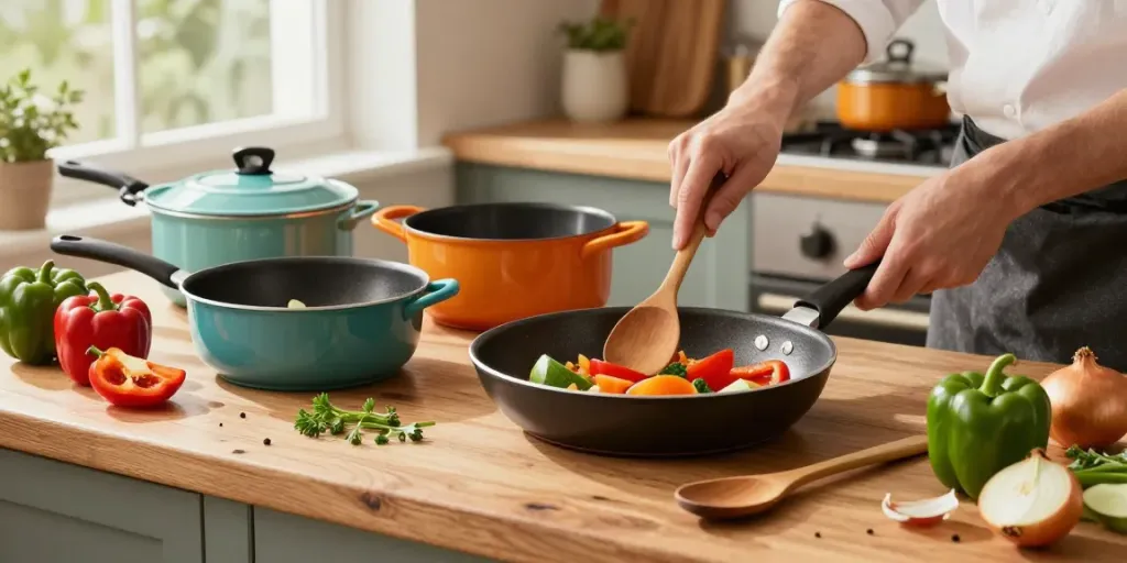 Colorful non-stick cookware price in bangladesh displayed on a kitchen countertop with fresh ingredients.